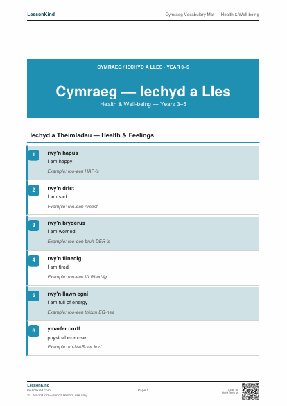 Preview of Cymraeg Vocabulary Mat — Health & Wellbeing