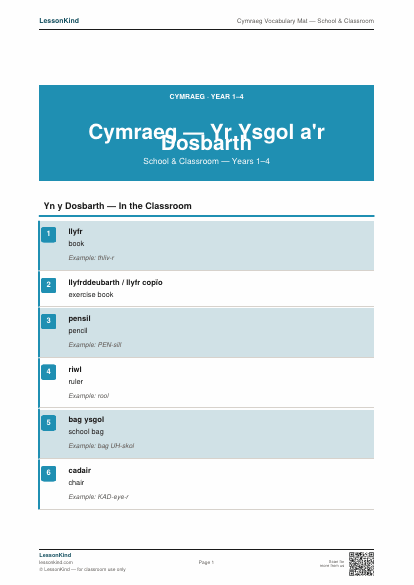 Preview of Cymraeg Vocabulary Mat — School & Classroom