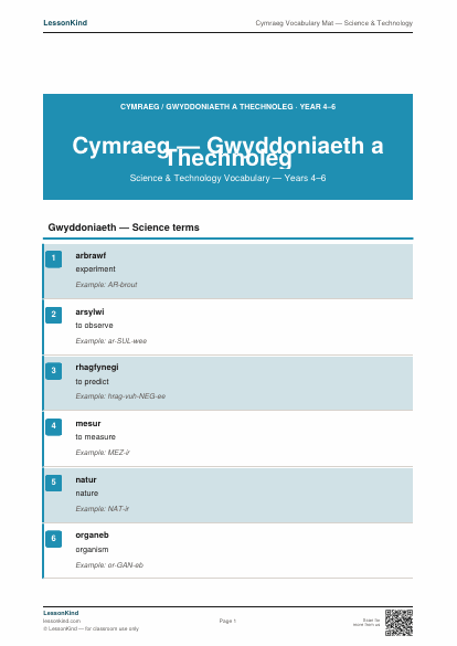 First page preview of Cymraeg Vocabulary Mat — Science & Technology