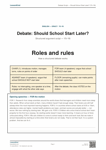 Preview of Debate Script — Should School Start Later? (Y5–Y6)