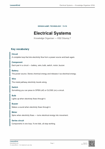 Preview of Electrical Systems — Knowledge Organiser (KS2)