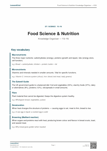 Preview of Food Science & Nutrition Knowledge Organiser — KS2