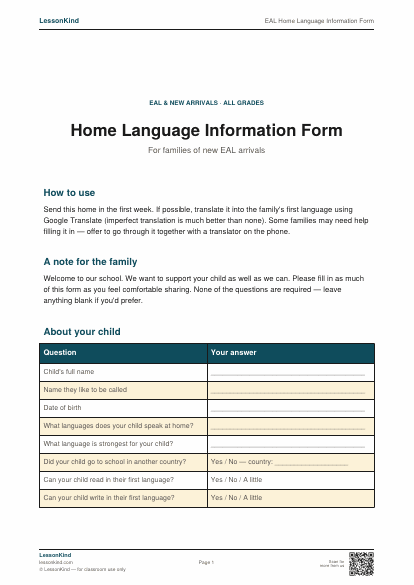 Preview of EAL Home Language Information Form