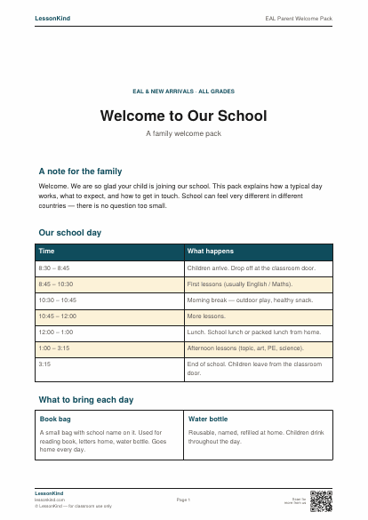 Preview of EAL Parent Welcome Pack