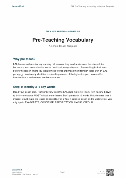 Preview of EAL Pre-Teaching Vocabulary — Lesson Template
