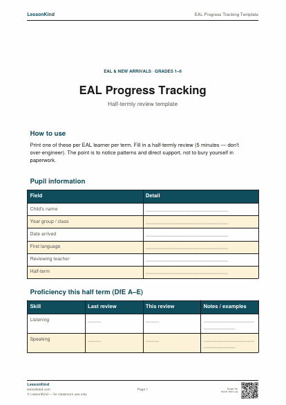 Preview of EAL Progress Tracking Template