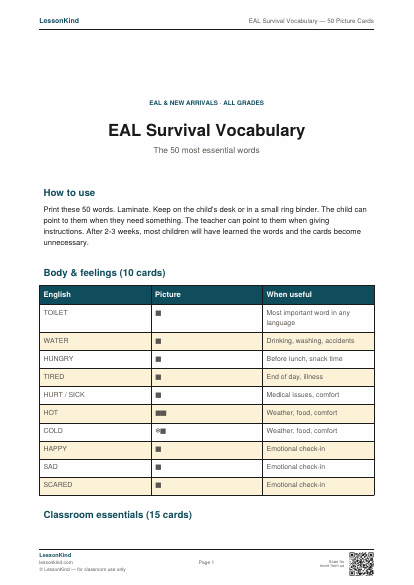Preview of EAL Survival Vocabulary — 50 Picture Cards