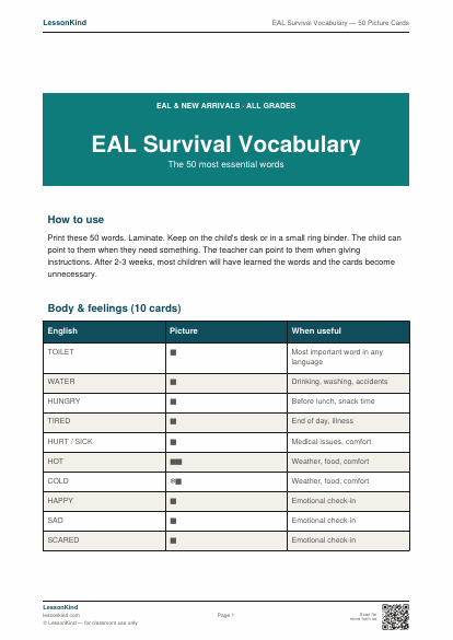 Preview of EAL Survival Vocabulary — 50 Picture Cards