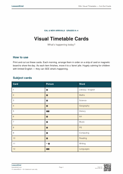 Preview of EAL Visual Timetable — Cut-Out Cards