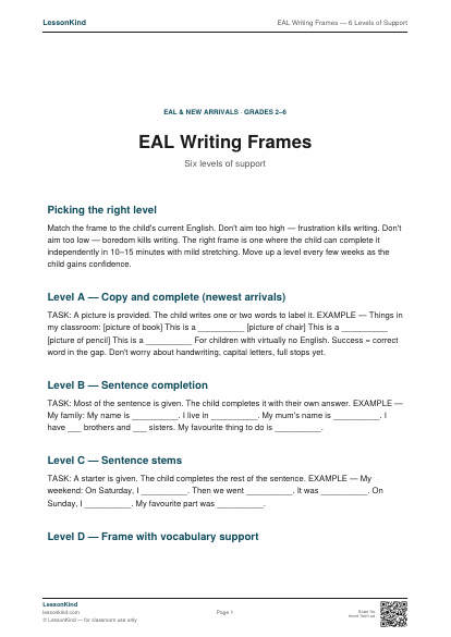 Preview of EAL Writing Frames — 6 Levels of Support