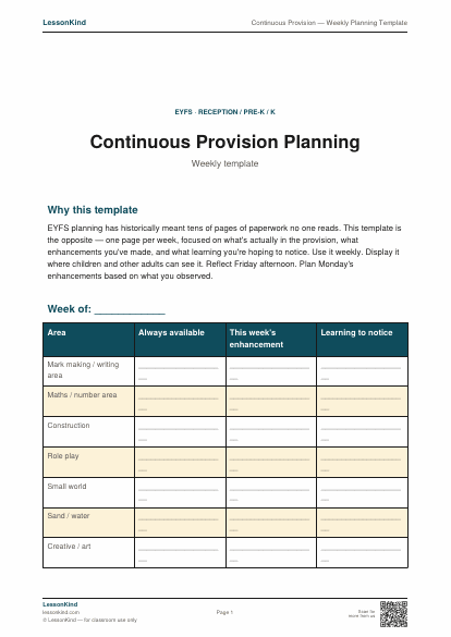 Preview of Continuous Provision — Weekly Planning Template