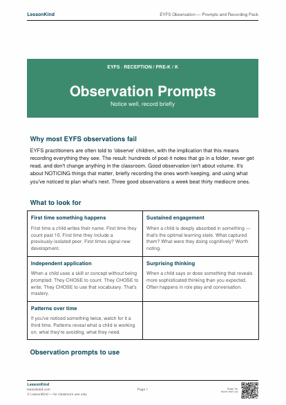 Preview of EYFS Observation — Prompts and Recording Pack