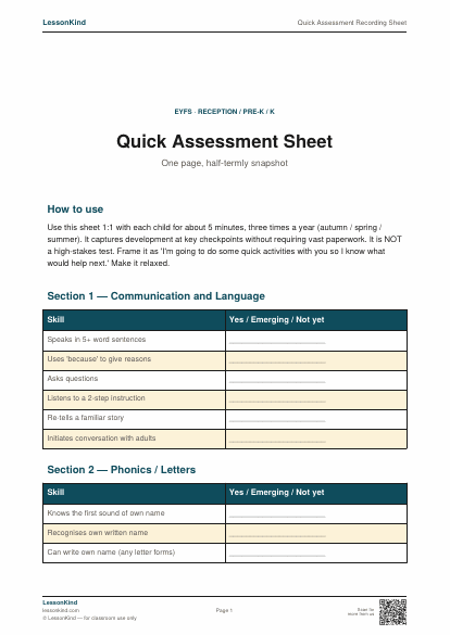 Preview of Quick Assessment Recording Sheet
