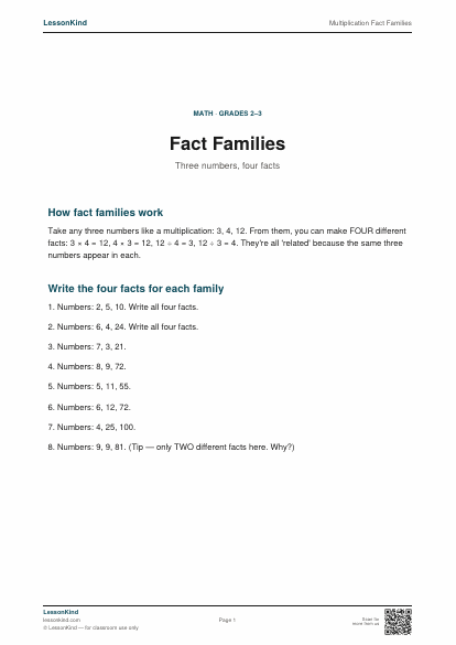 Preview of Multiplication Fact Families