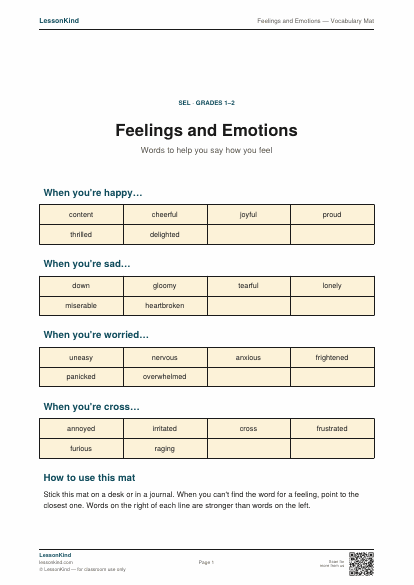 Preview of Feelings and Emotions — Vocabulary Mat
