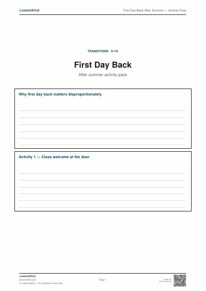 Preview of First Day Back After Summer — Activity Pack