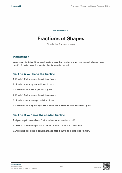 Preview of Fractions of Shapes — Halves, Quarters, Thirds