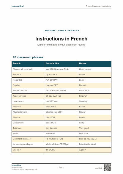 Preview of French Classroom Instructions