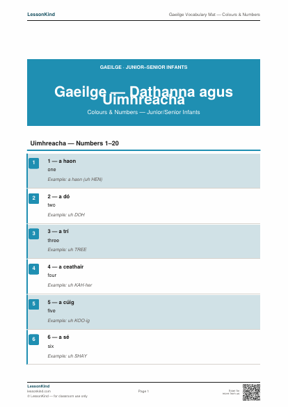 Preview of Gaeilge Vocabulary Mat — Colours & Numbers