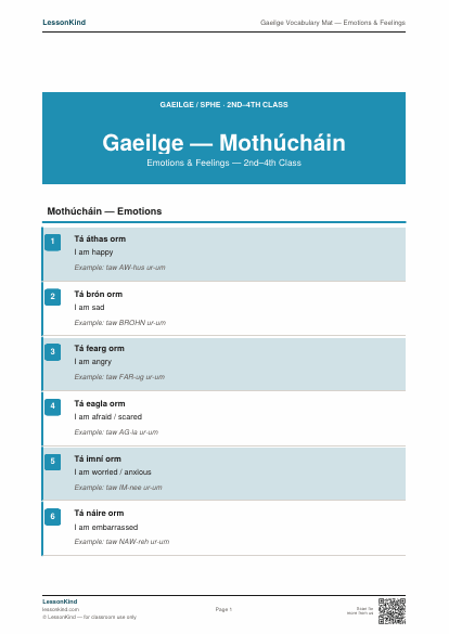 Preview of Gaeilge Vocabulary Mat — Emotions & Feelings
