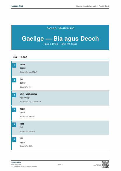 First page preview of Gaeilge Vocabulary Mat — Food & Drink