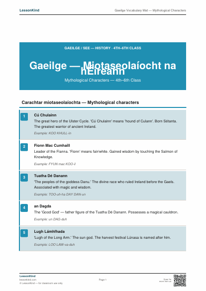 Preview of Gaeilge Vocabulary Mat — Mythological Characters