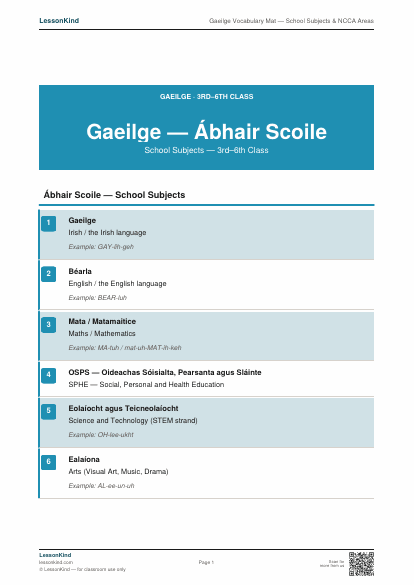Preview of Gaeilge Vocabulary Mat — School Subjects & NCCA Areas