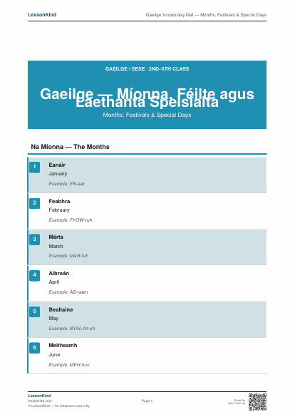 First page preview of Gaeilge Vocabulary Mat — Months, Festivals & Special Days
