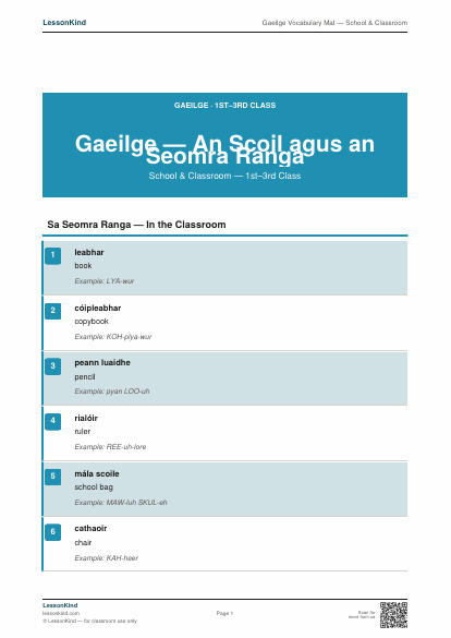 Preview of Gaeilge Vocabulary Mat — School & Classroom