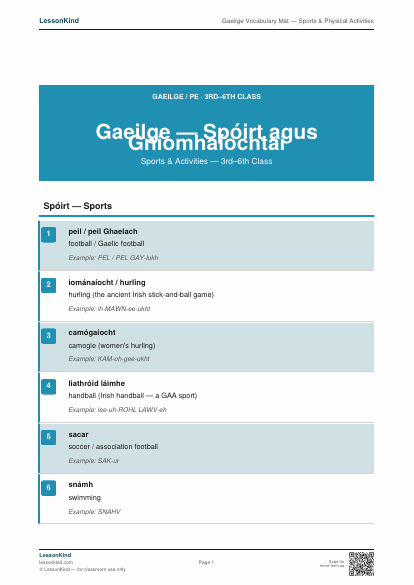 First page preview of Gaeilge Vocabulary Mat — Sports & Physical Activities