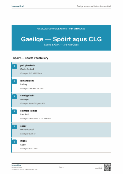 First page preview of Gaeilge Vocabulary Mat — Sports & GAA