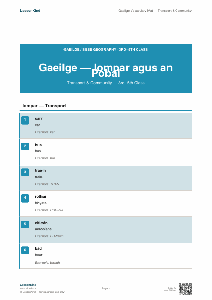 First page preview of Gaeilge Vocabulary Mat — Transport & Community
