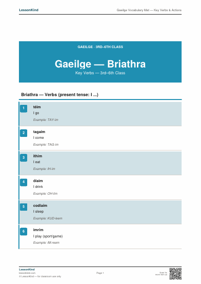 First page preview of Gaeilge Vocabulary Mat — Key Verbs & Actions