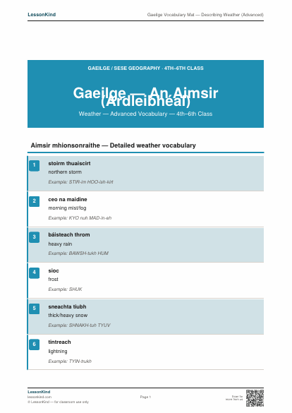 First page preview of Gaeilge Vocabulary Mat — Describing Weather (Advanced)