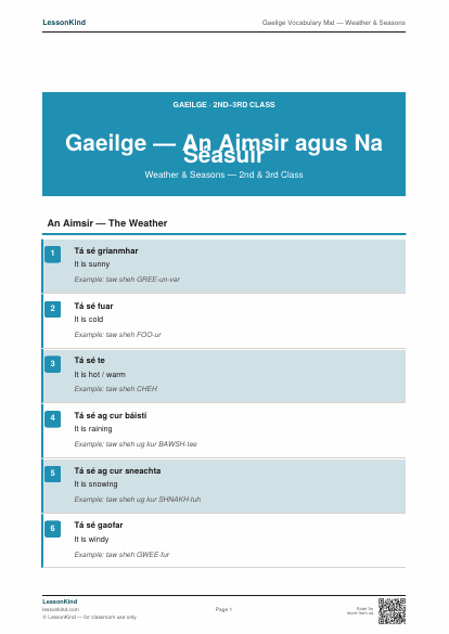 Preview of Gaeilge Vocabulary Mat — Weather & Seasons