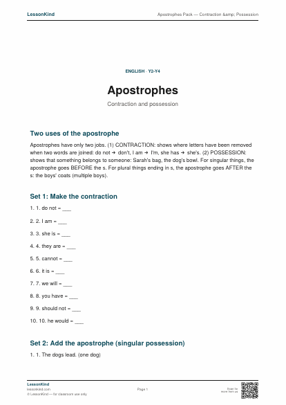 Preview of Apostrophes Pack — Contraction &amp; Possession