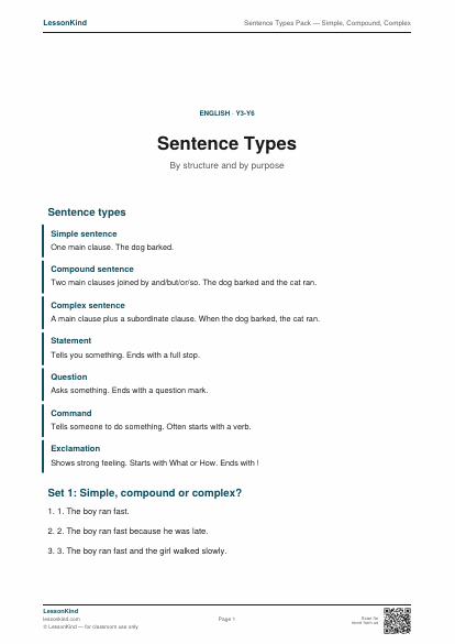 Preview of Sentence Types Pack — Simple, Compound, Complex