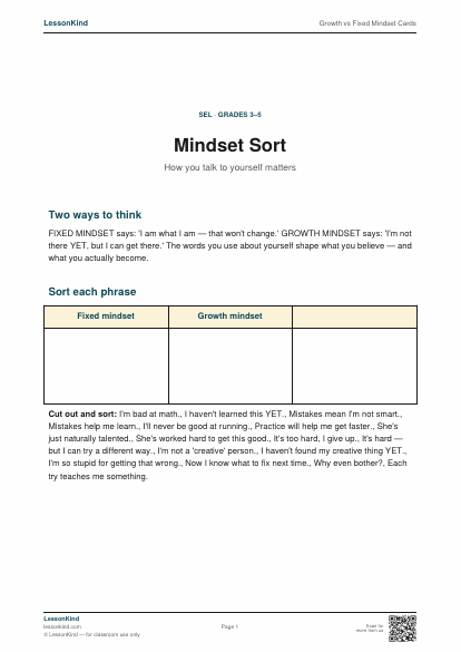 Preview of Growth vs Fixed Mindset Cards