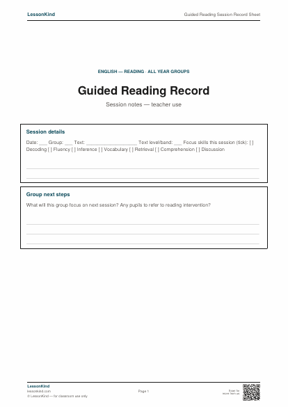 Preview of Guided Reading Session Record Sheet