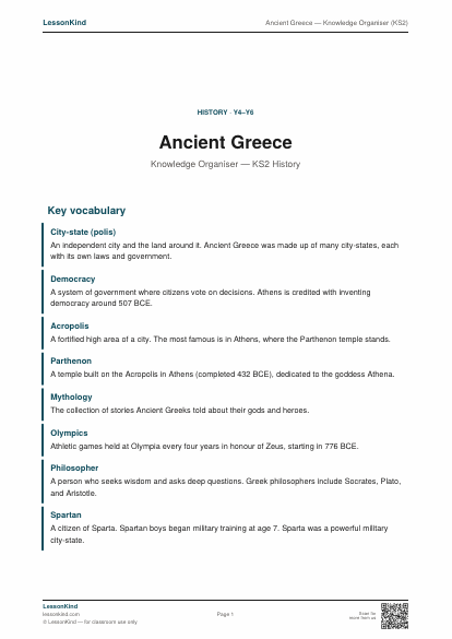 Preview of Ancient Greece — Knowledge Organiser (KS2)