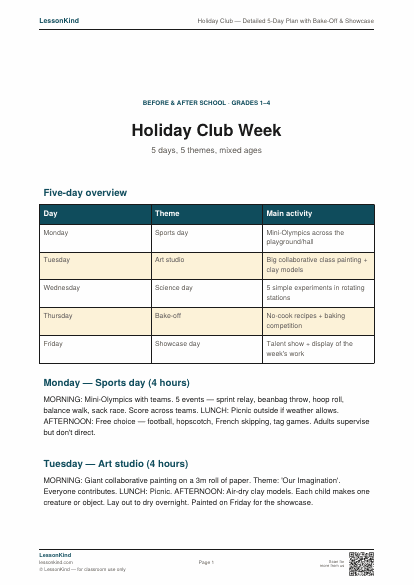 Preview of Holiday Club — Detailed 5-Day Plan with Bake-Off & Showcase