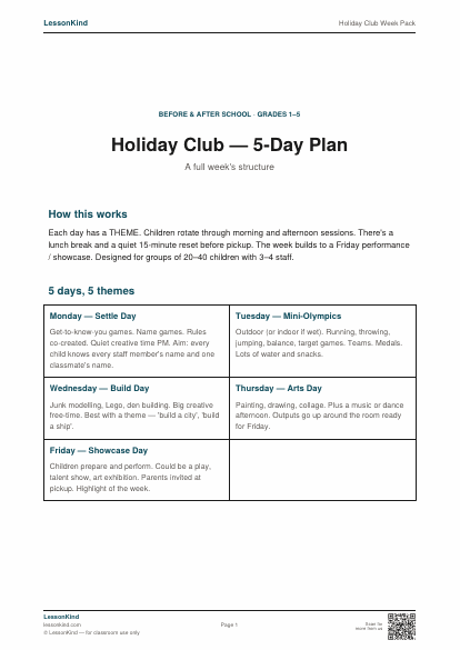 Preview of Holiday Club Week Pack