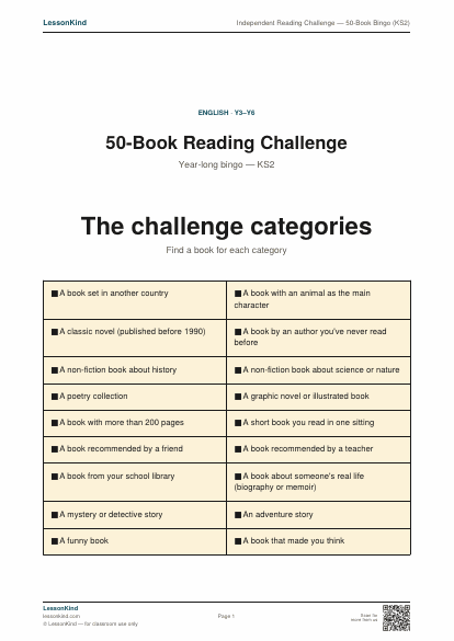 Preview of Independent Reading Challenge — 50-Book Bingo (KS2)