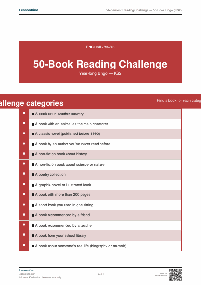 Preview of Independent Reading Challenge — 50-Book Bingo (KS2)