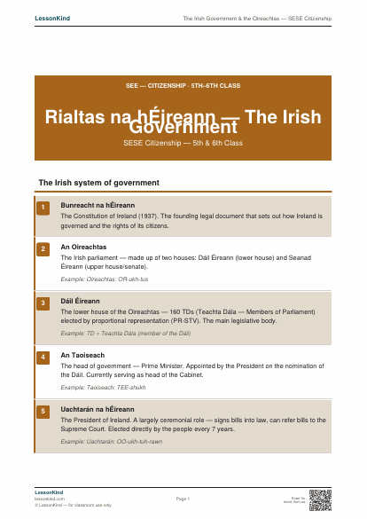 First page preview of The Irish Government & the Oireachtas — SESE Citizenship