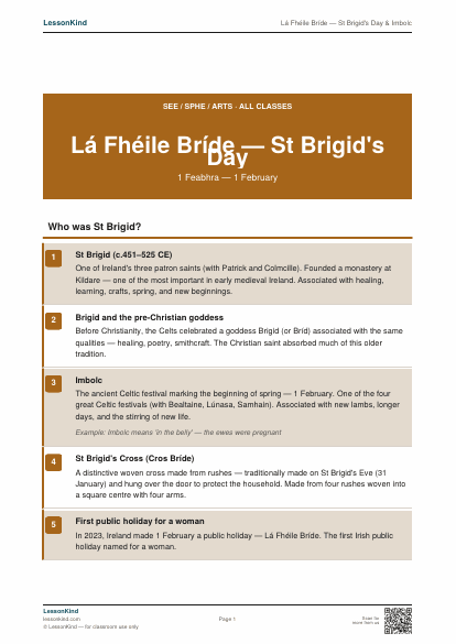 First page preview of Lá Fhéile Bríde — St Brigid's Day & Imbolc