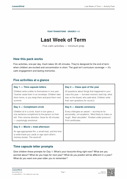 Preview of Last Week of Term — Activity Pack