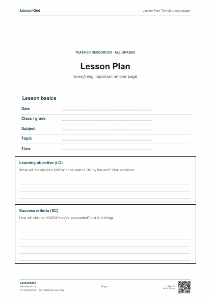 Preview of Lesson Plan Template (one page)