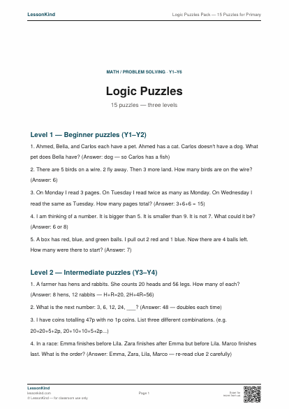 Preview of Logic Puzzles Pack — 15 Puzzles for Primary