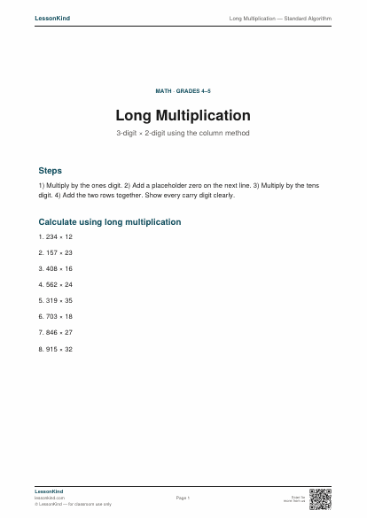 Preview of Long Multiplication — Standard Algorithm